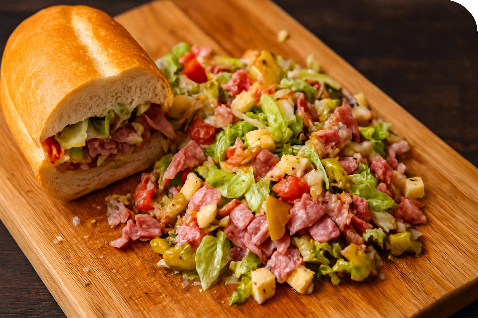 Chopped Italian Sub on Wooden Board