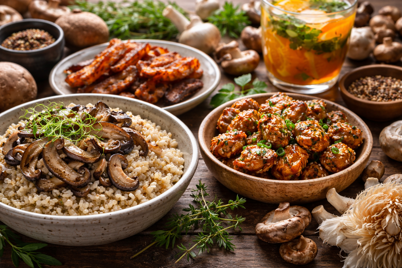 Fungi-inspired dishes on rustic table