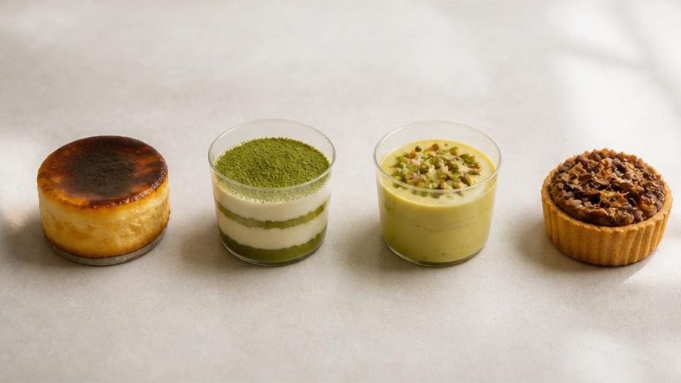 Four desserts in a row including matcha, pistachio and a chocolate tart