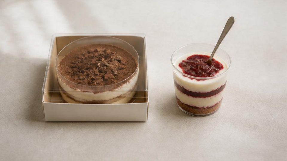 A boxed tiramisu beside a layered berry dessert pot